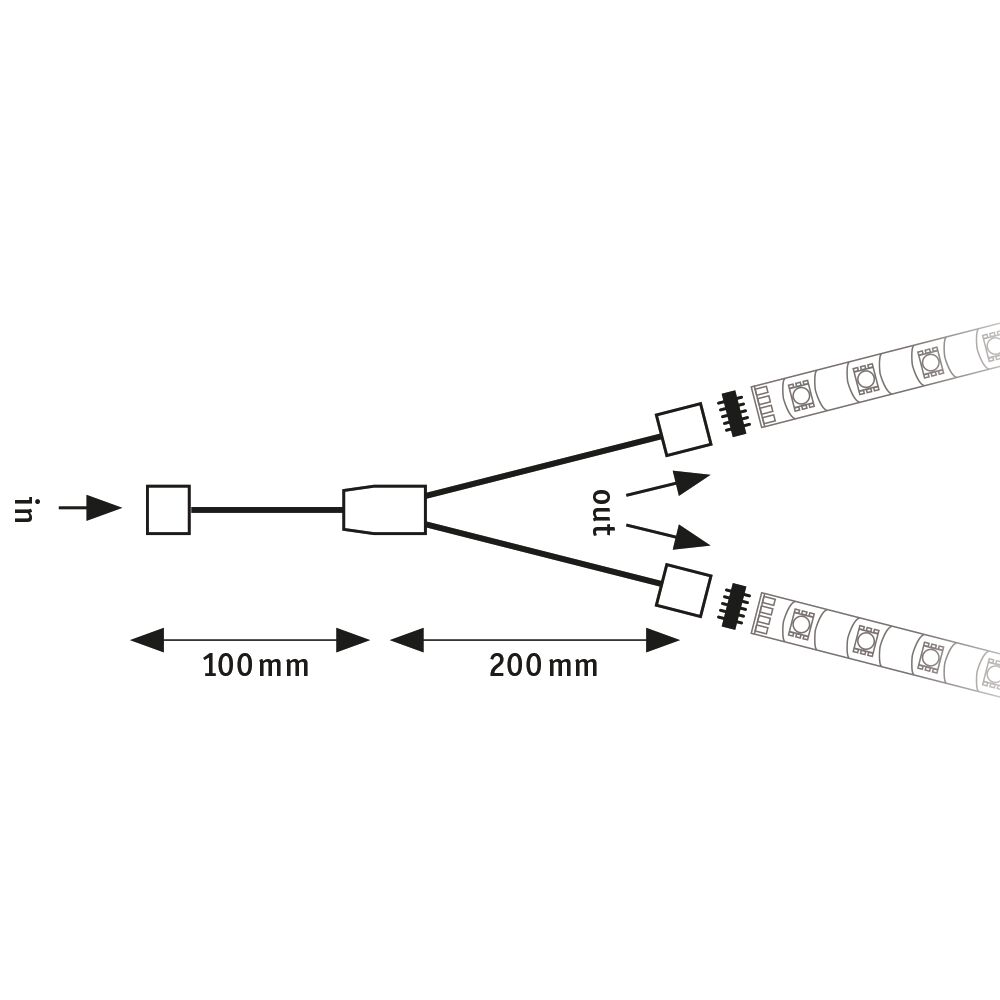 Technische tekening van LED-splitter met 100 mm ingangskabel en 200 mm aftakkabels voor LED-strips.