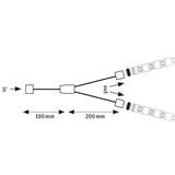 Technische tekening van LED-splitter met 100 mm ingangskabel en 200 mm aftakkabels voor LED-strips.