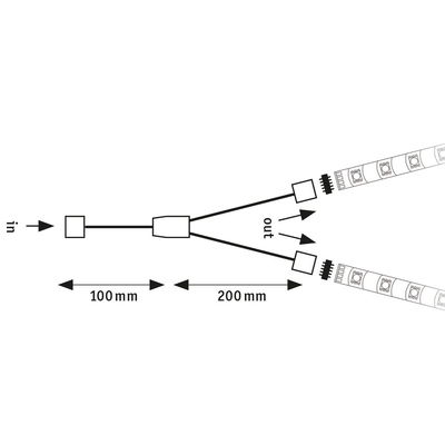 Technische tekening van LED-splitter met 100 mm ingangskabel en 200 mm aftakkabels voor LED-strips.