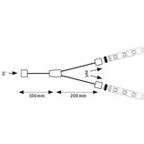 Technische Zeichnung eines LED-Verteilers mit 100 mm Eingangskabel und 200 mm Abzweigkabeln für LED-Streifen.