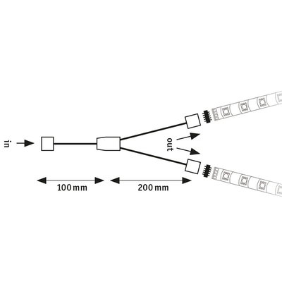 Technische Zeichnung eines LED-Verteilers mit 100 mm Eingangskabel und 200 mm Abzweigkabeln für LED-Streifen.