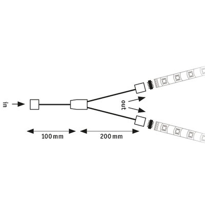 Schéma technique d’un répartiteur LED avec câble d’entrée de 100 mm et câbles de dérivation de 200 mm pour bandes LED.