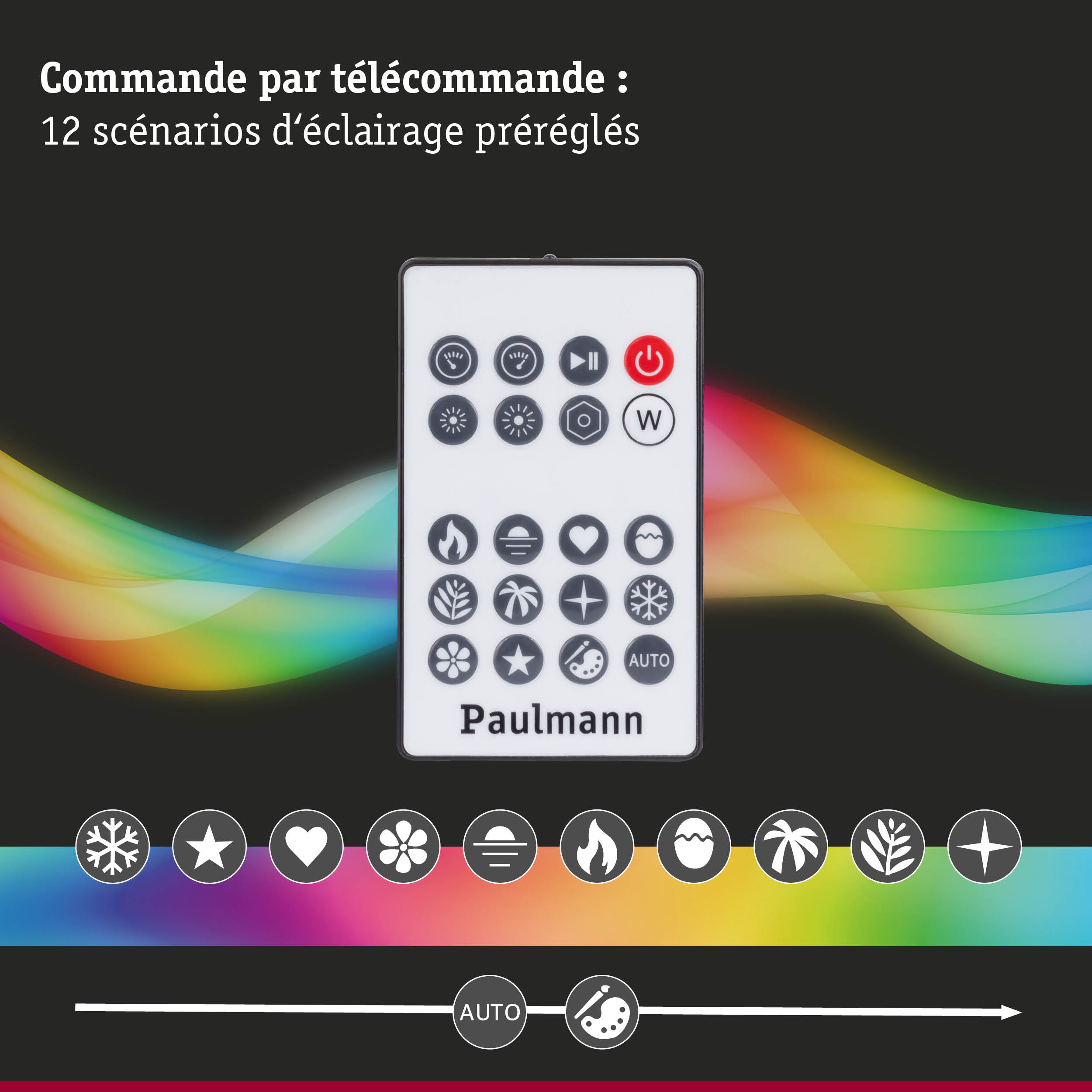 Télécommande blanche avec 12 scénarios d’éclairage préréglés et boutons icônes pour contrôle lumière