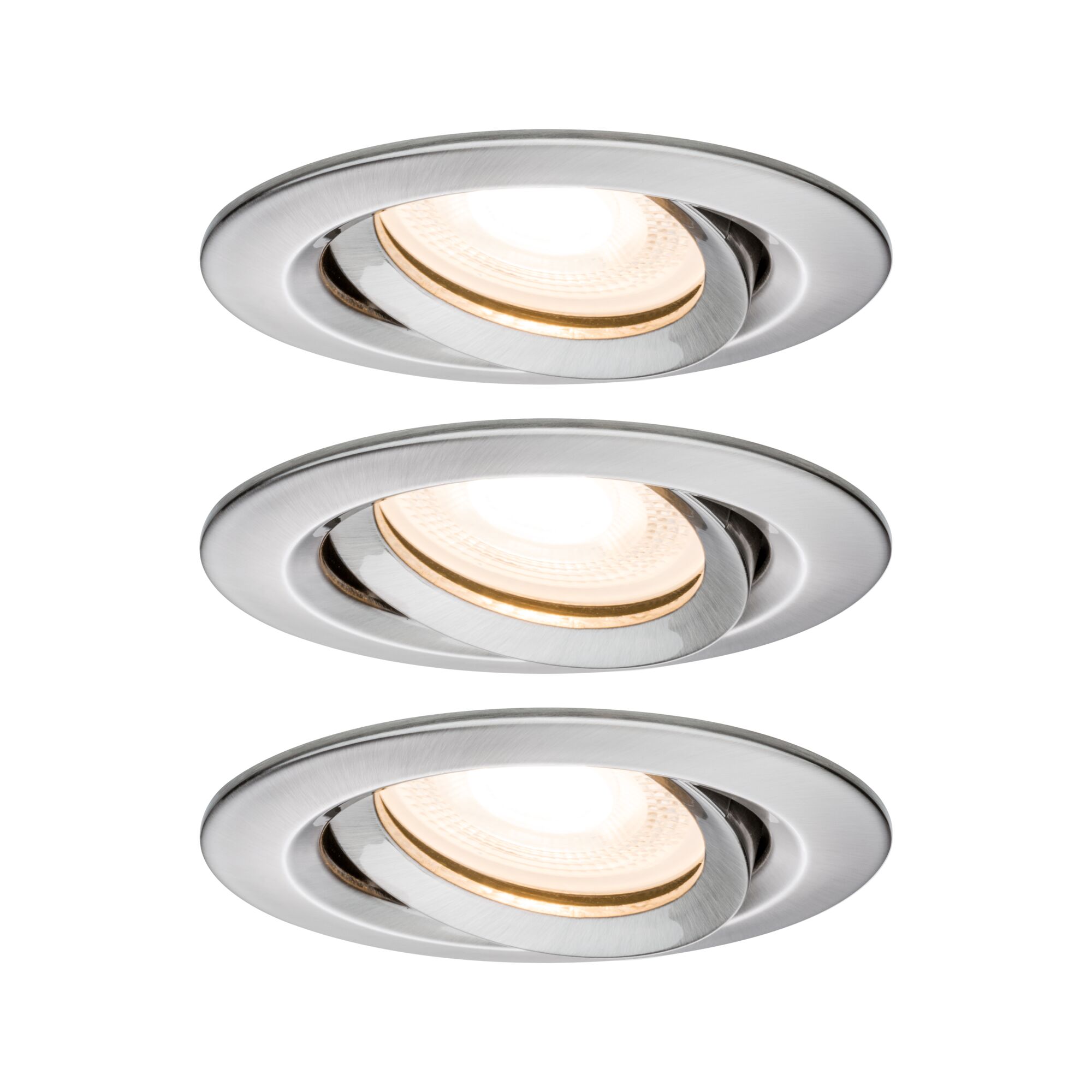 Drie ronde inbouwspots van geborsteld aluminium met warm wit LED-licht voor woonruimtes