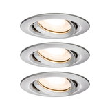 Three round recessed spotlights in brushed aluminium with warm white LED light for modern indoor lighting