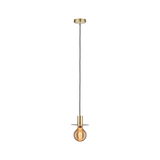 Brass pendant lamp with black cord and warm white LED bulb for modern interior lighting