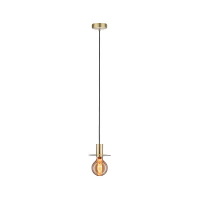 Brass pendant lamp with black cord and warm white LED bulb for modern interior lighting
