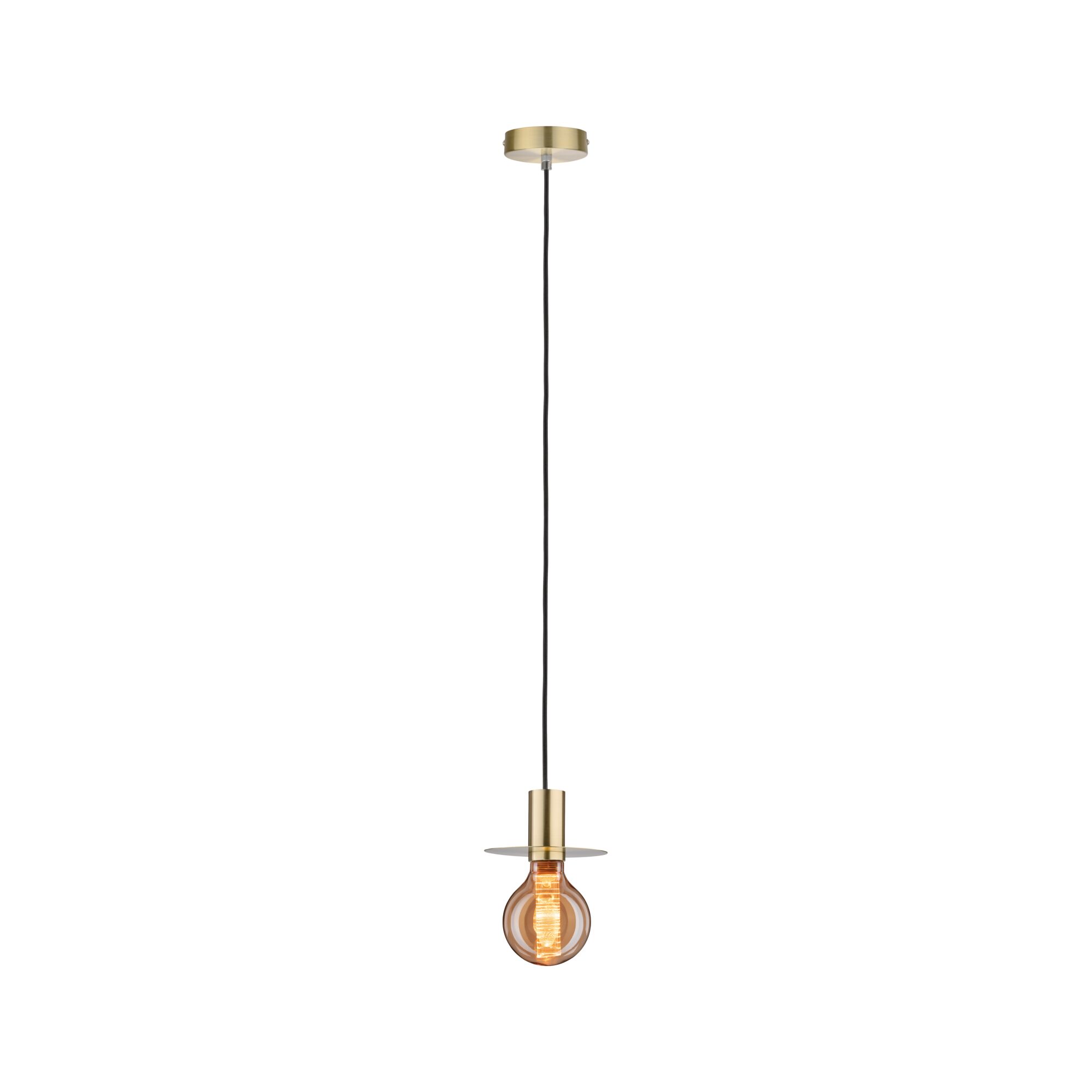 Brass pendant lamp with black cord and warm white LED bulb for modern interior lighting