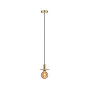 Brass pendant lamp with black cord and warm white LED bulb for modern interior lighting