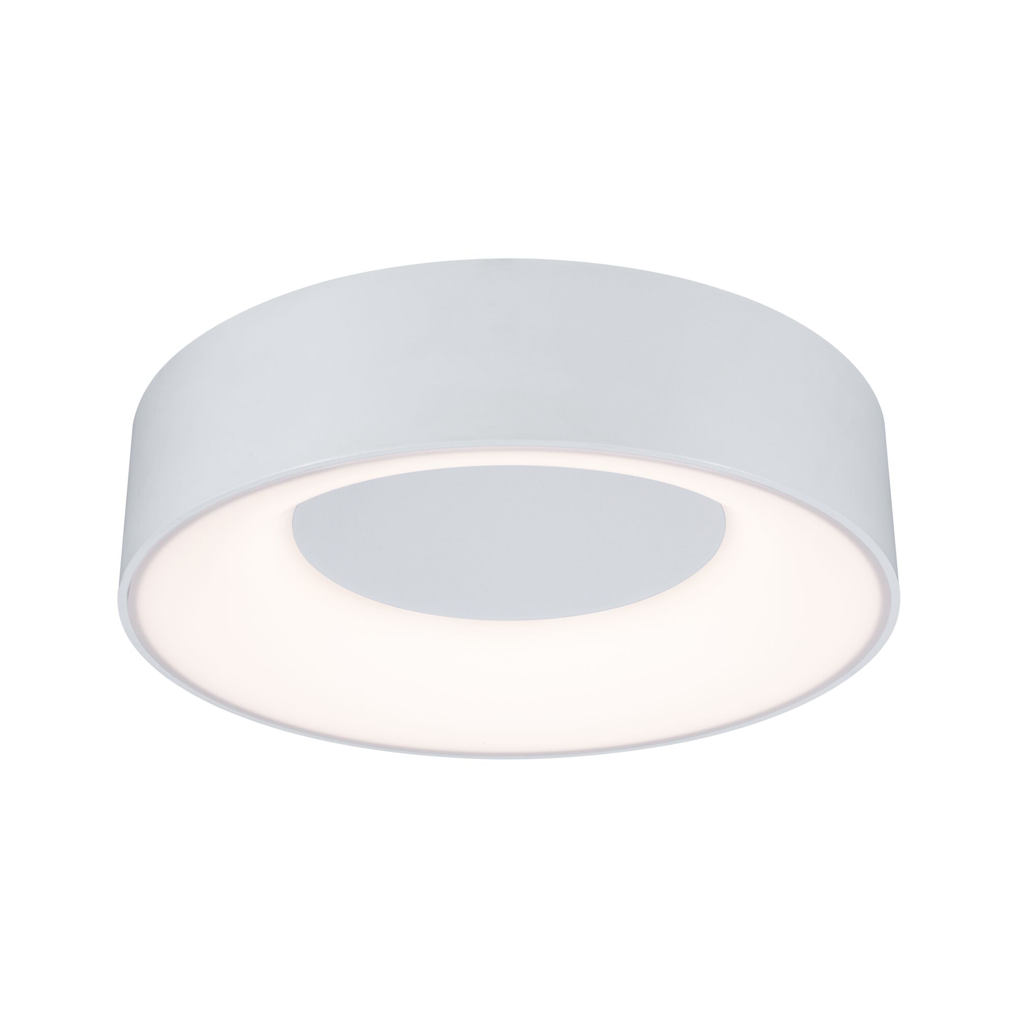 Round white metal LED ceiling light with diffused surface for modern ambient lighting