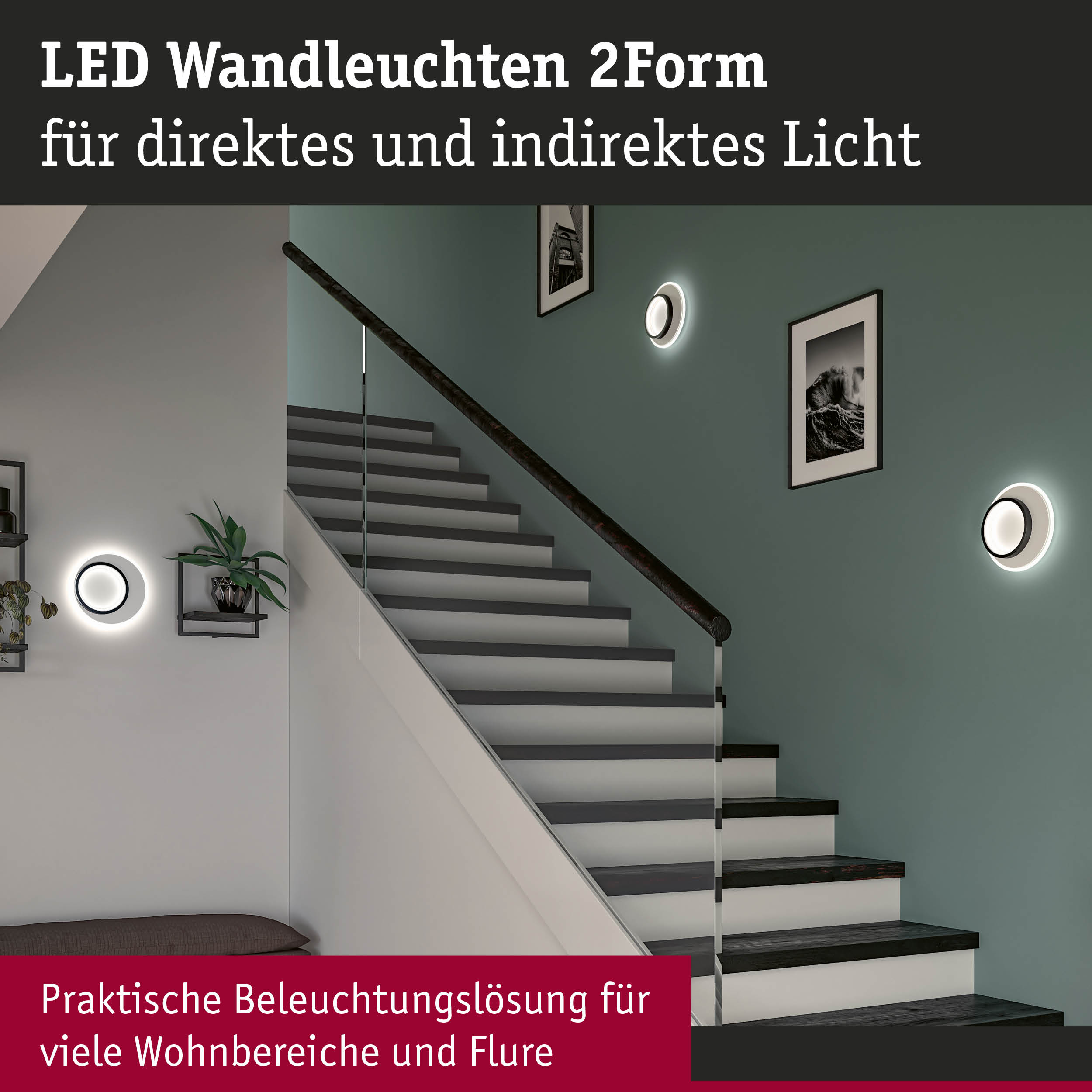 Moderne LED Wandleuchten in Weiß mit schwarzem Ring für direktes und indirektes Licht im Treppenhaus