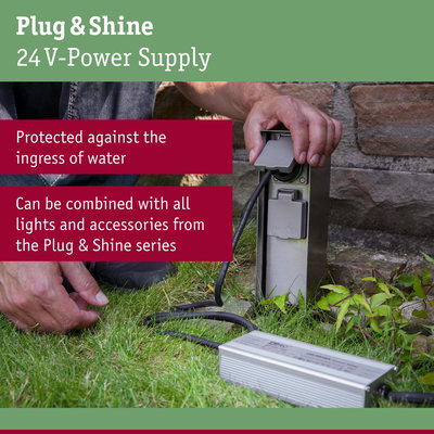 Plug & Shine 24V metal power supply in silver, water-protected for outdoor lighting and garden lights