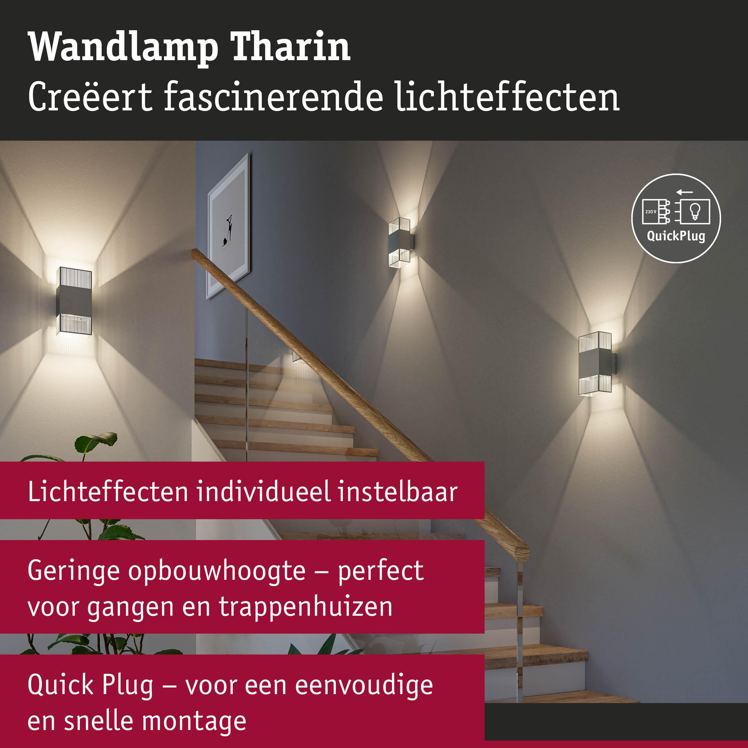 Moderne grijze metalen wandlamp Tharin met instelbare lichteffecten, ideaal voor gangen en trappenhuizen