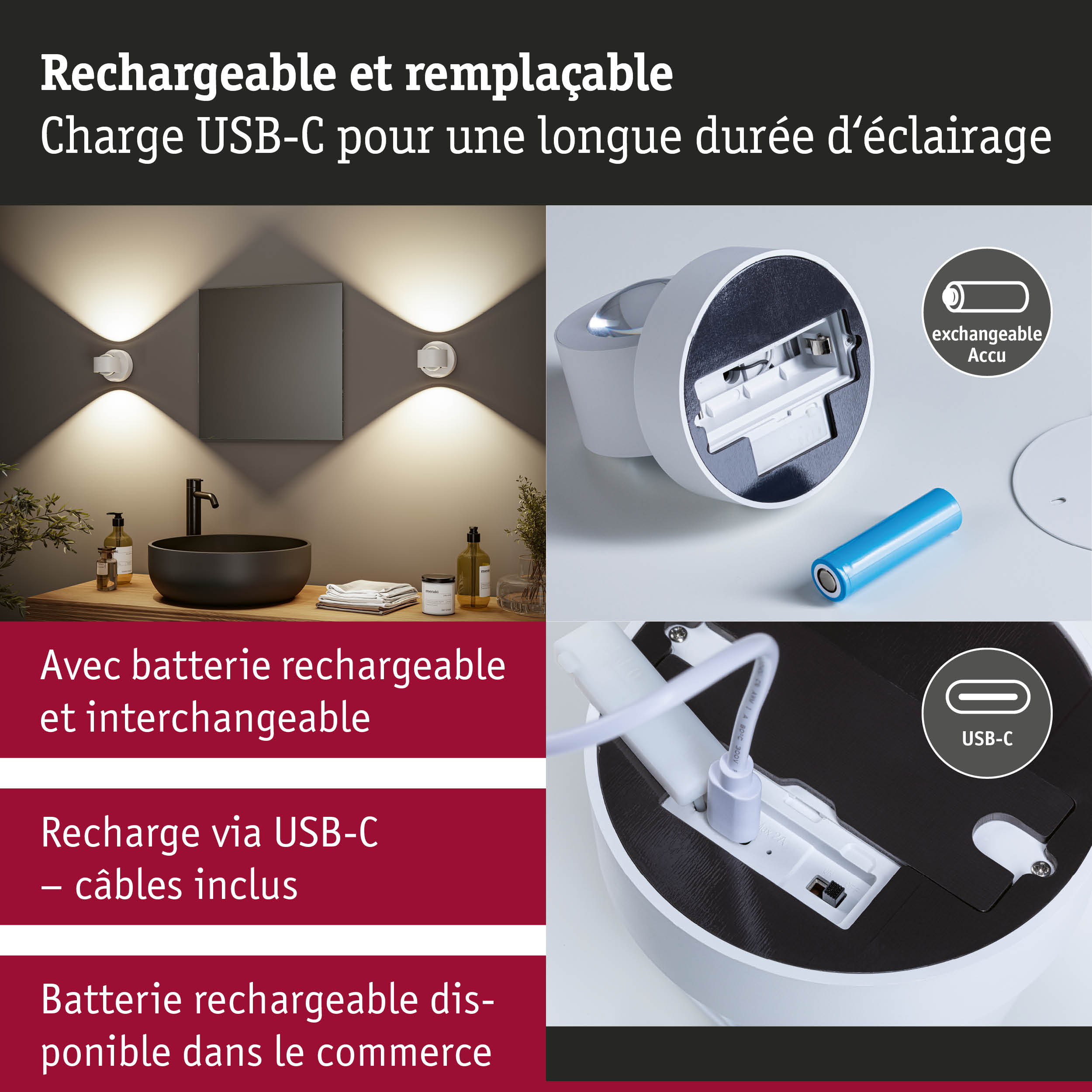 Applique murale blanche avec batterie rechargeable et câble USB-C, éclairage moderne pour salle de bain