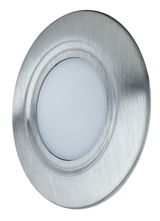 Round LED recessed light in brushed silver aluminum for modern indoor lighting solutions