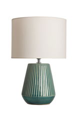 Table lamp with green ceramic base and white fabric shade, modern home lighting accessory