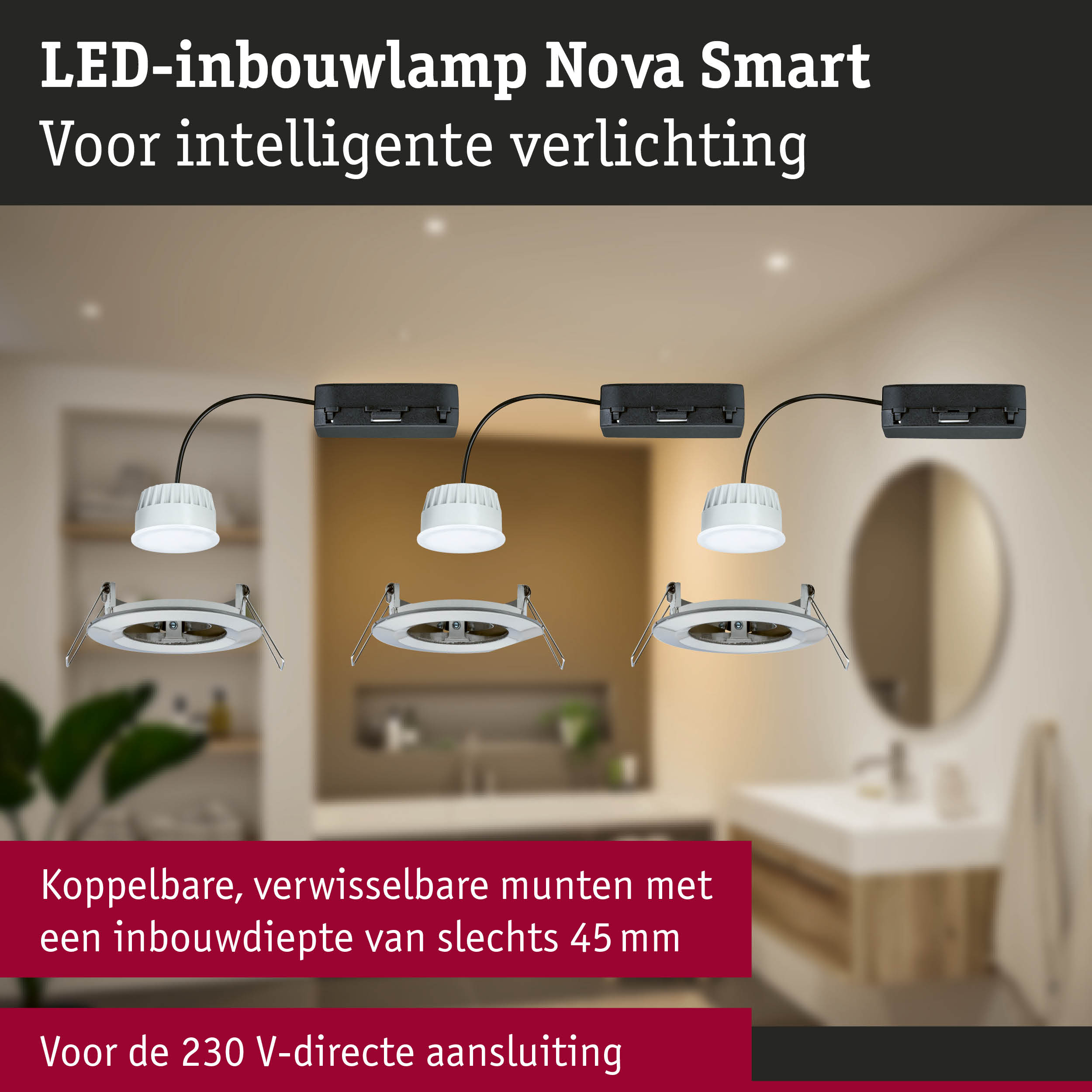 LED-inbouwlamp Nova Smart met witte behuizing en zwarte kabel voor slimme verlichting thuis
