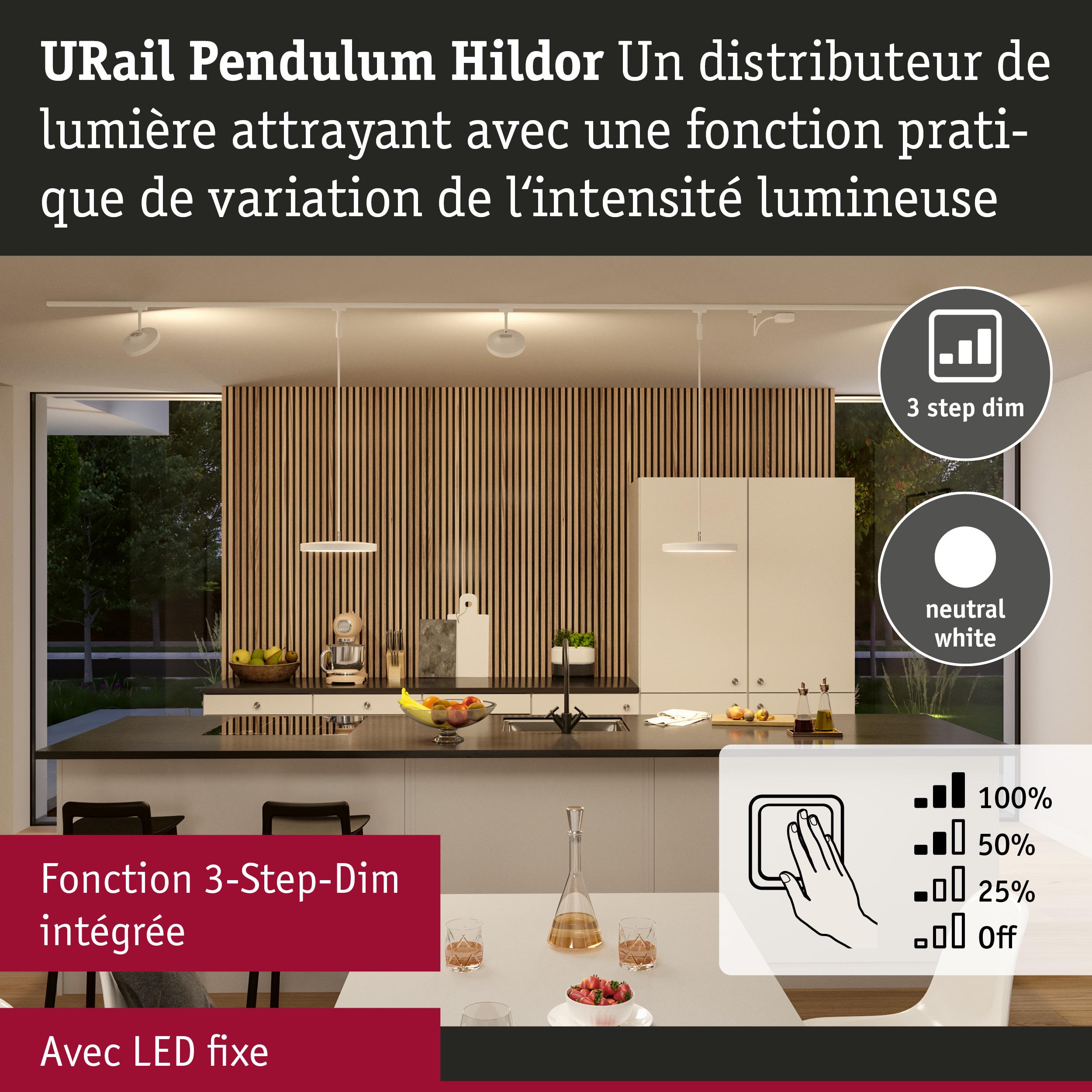 Cuisine moderne avec luminaire LED URail Pendulum Hildor en blanc neutre et fonction de variation 3 étapes