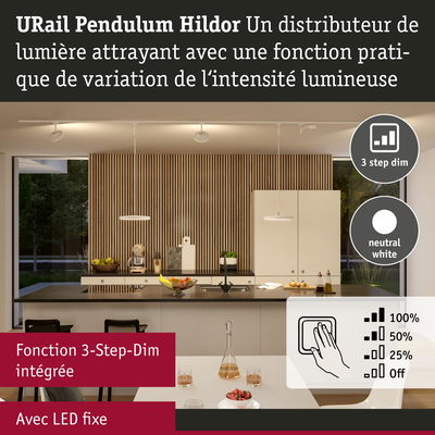 Cuisine moderne avec luminaire LED URail Pendulum Hildor en blanc neutre et fonction de variation 3 étapes
