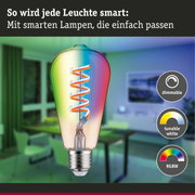 Bunte LED-Glühbirne mit Spiralfaden, dimmbar und tunable white für smarte Beleuchtung
