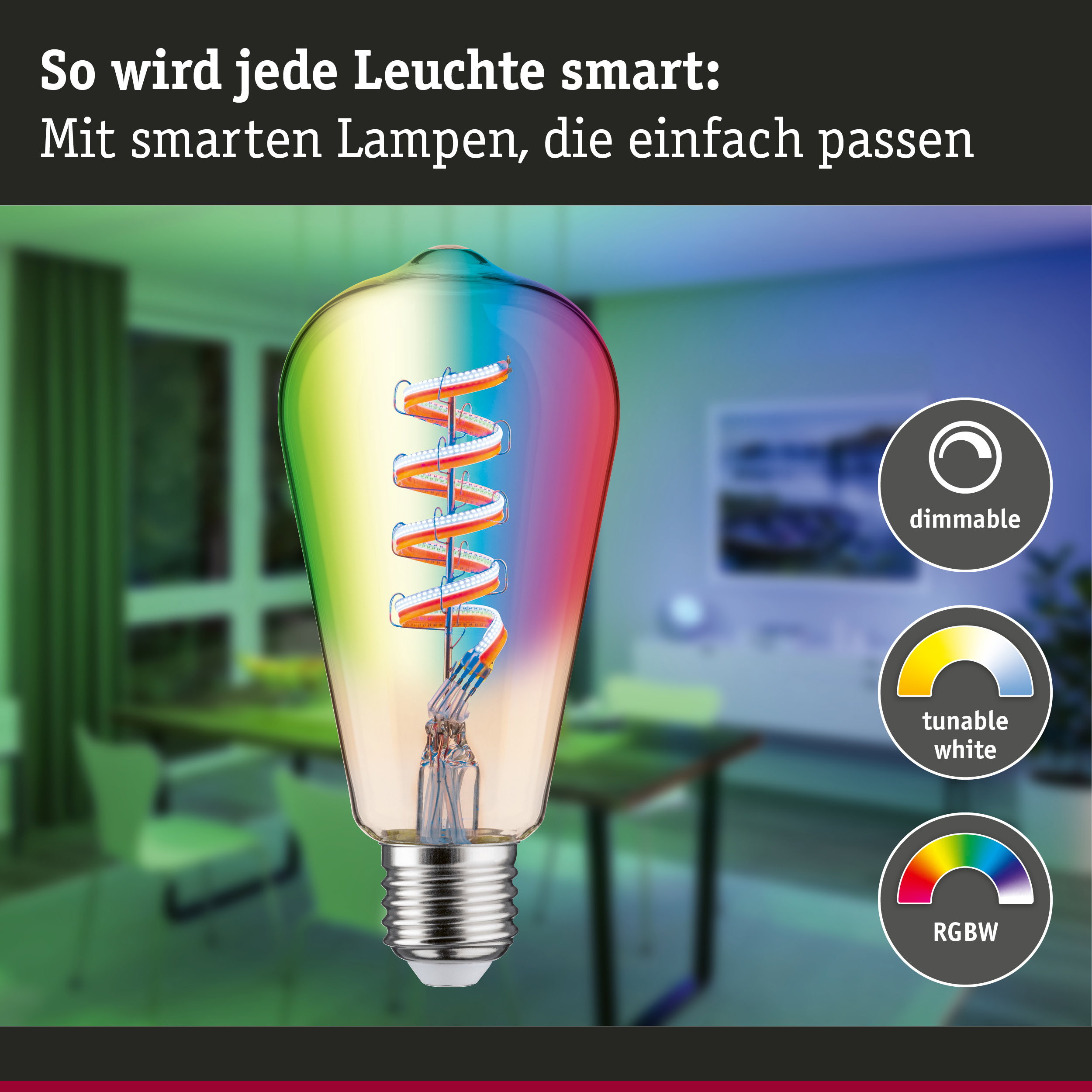 Bunte LED-Glühbirne mit Spiralfaden, dimmbar und tunable white für smarte Beleuchtung