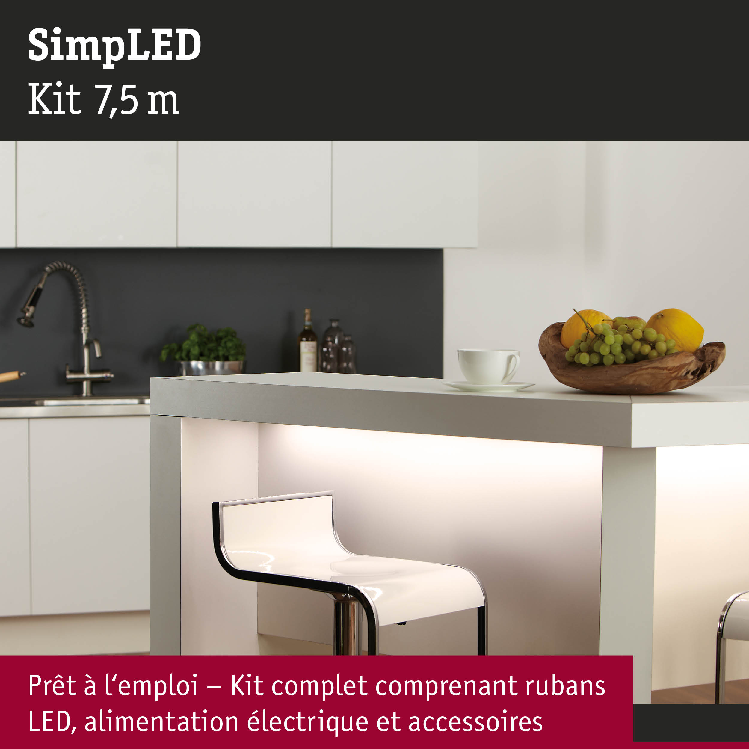 Îlot de cuisine blanc moderne avec éclairage LED et tabouret transparent au design minimaliste