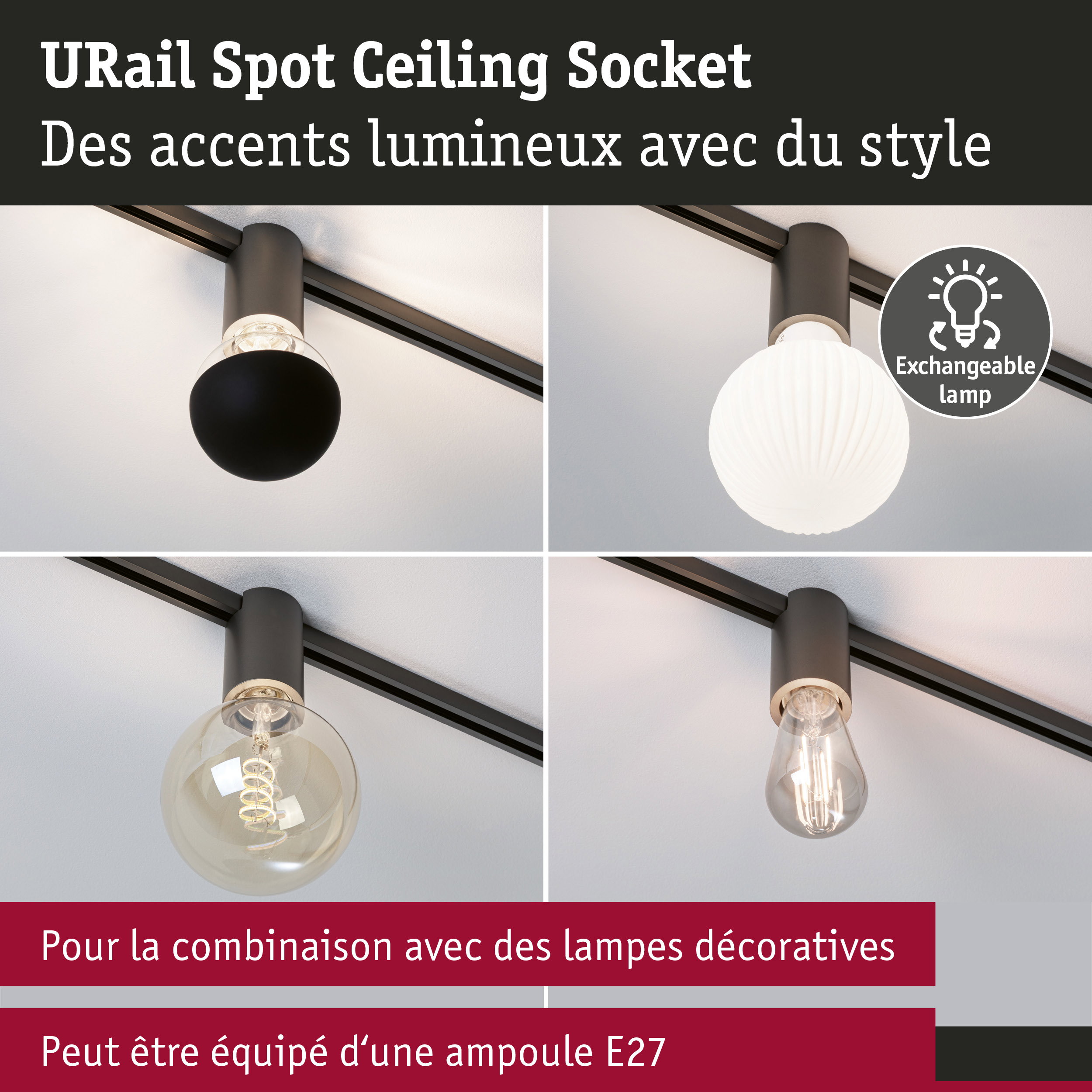 URail Spot sur rail Socket E27 max. 20W gradable 230V Titanium