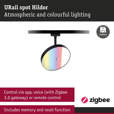 URail Spot Hildor black LED ceiling spotlight with colourful lighting, app and voice control via Zigbee