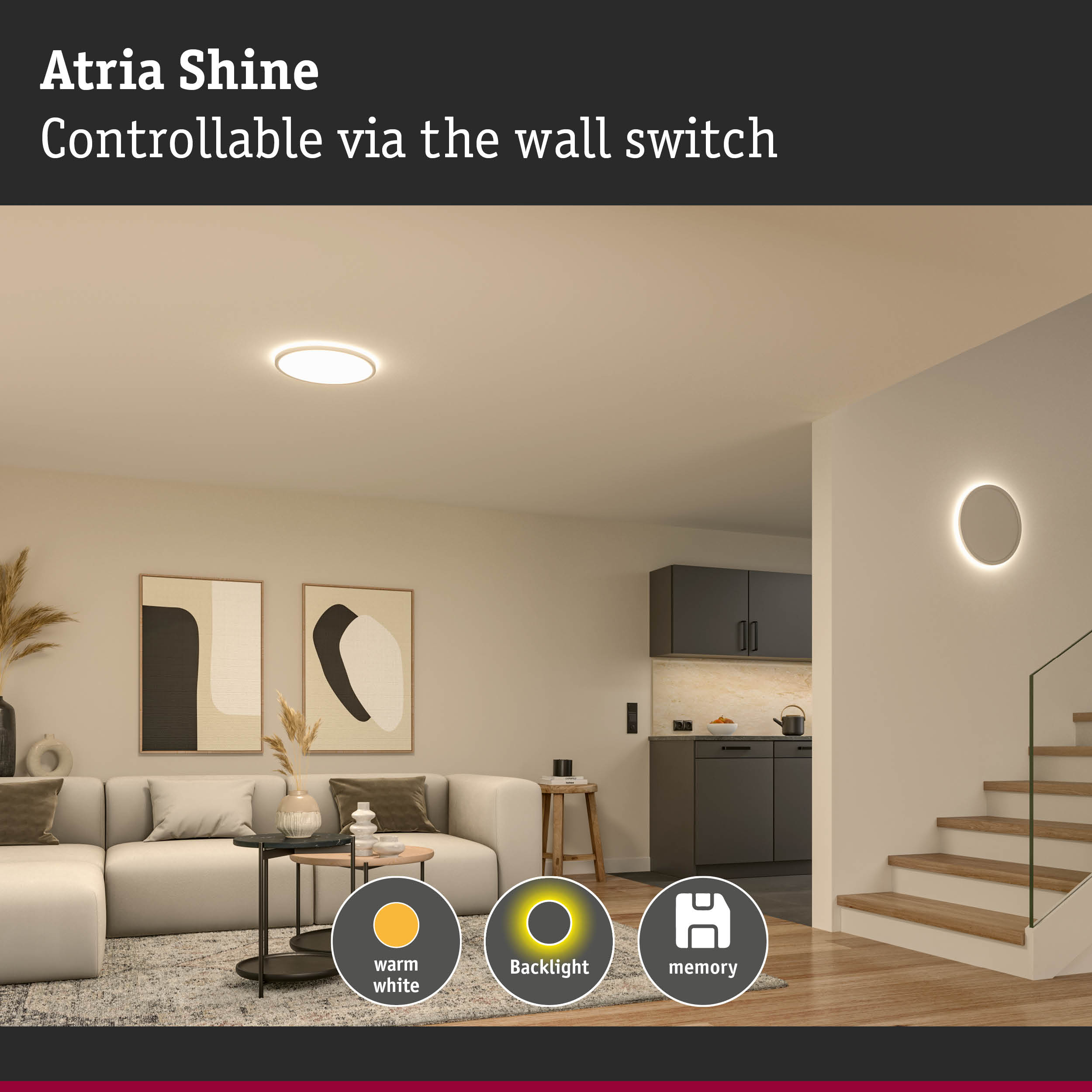 Atria Shine white LED ceiling light with warm white glow and wall switch control for living room