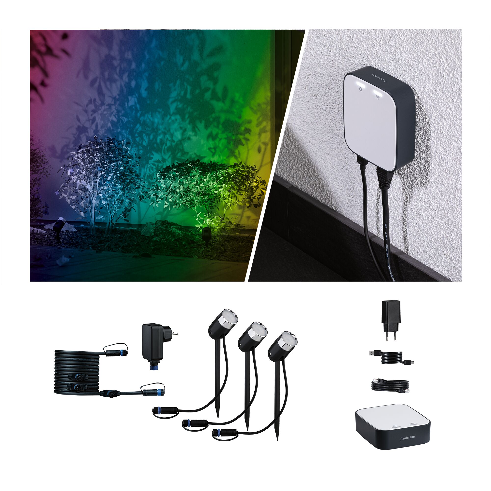 Éclairage de jardin extérieur avec trois projecteurs à piquer LED noirs et unité de contrôle pour effets lumineux colorés