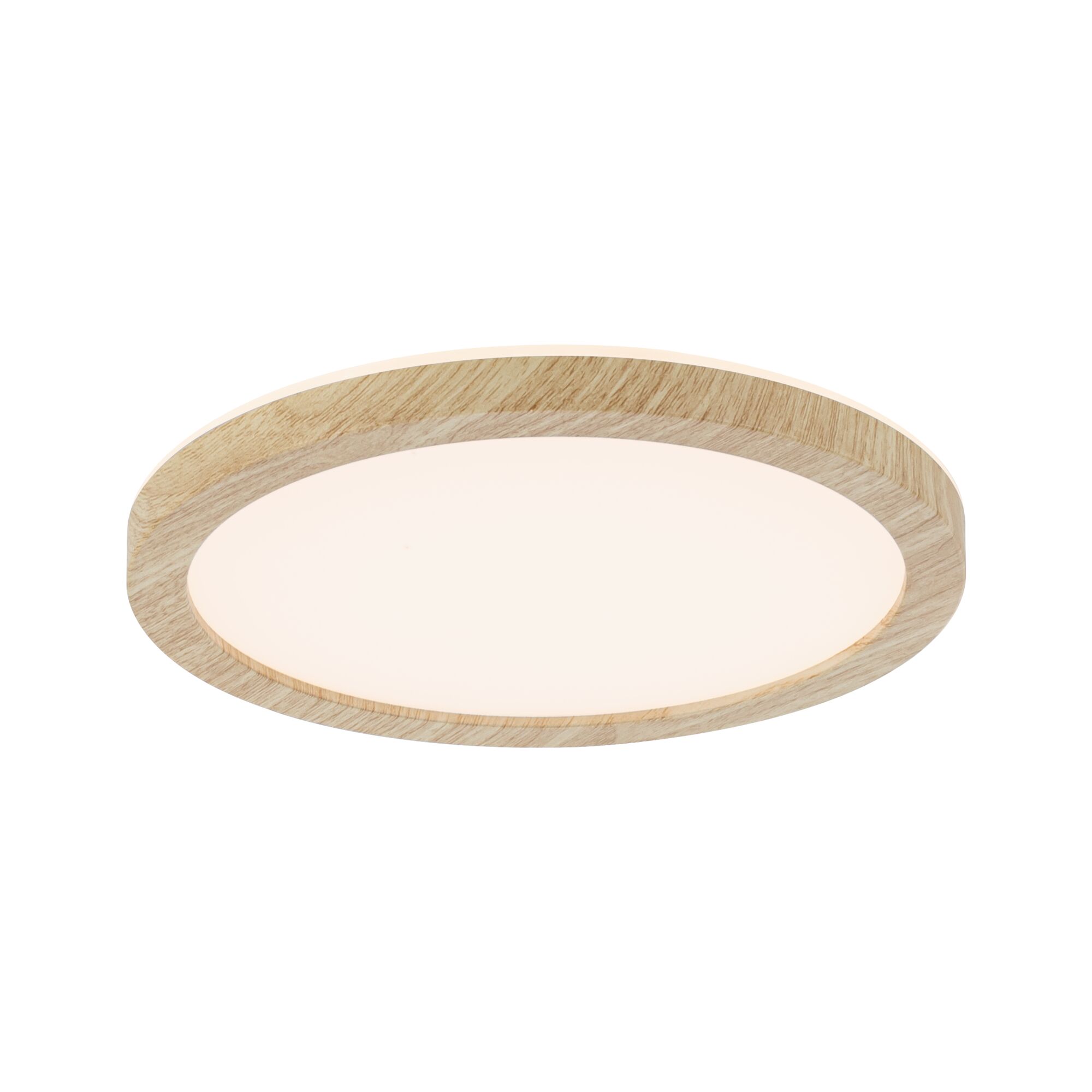 Runde Deckenleuchte mit Holzrahmen in Naturfarbe und warmweißem LED-Licht für Wohnräume