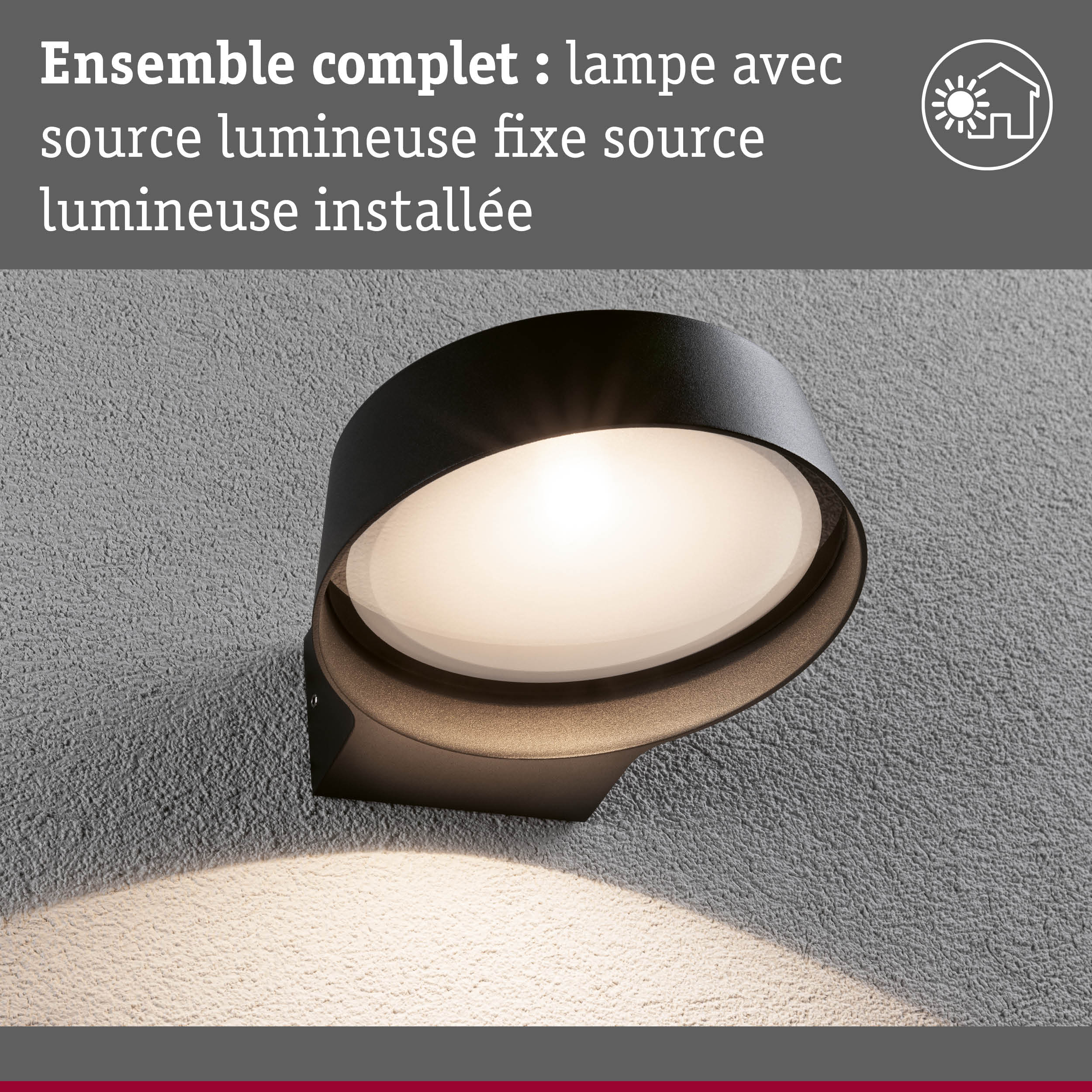 Applique murale extérieure noire avec source lumineuse fixe sur mur gris pour éclairage extérieur