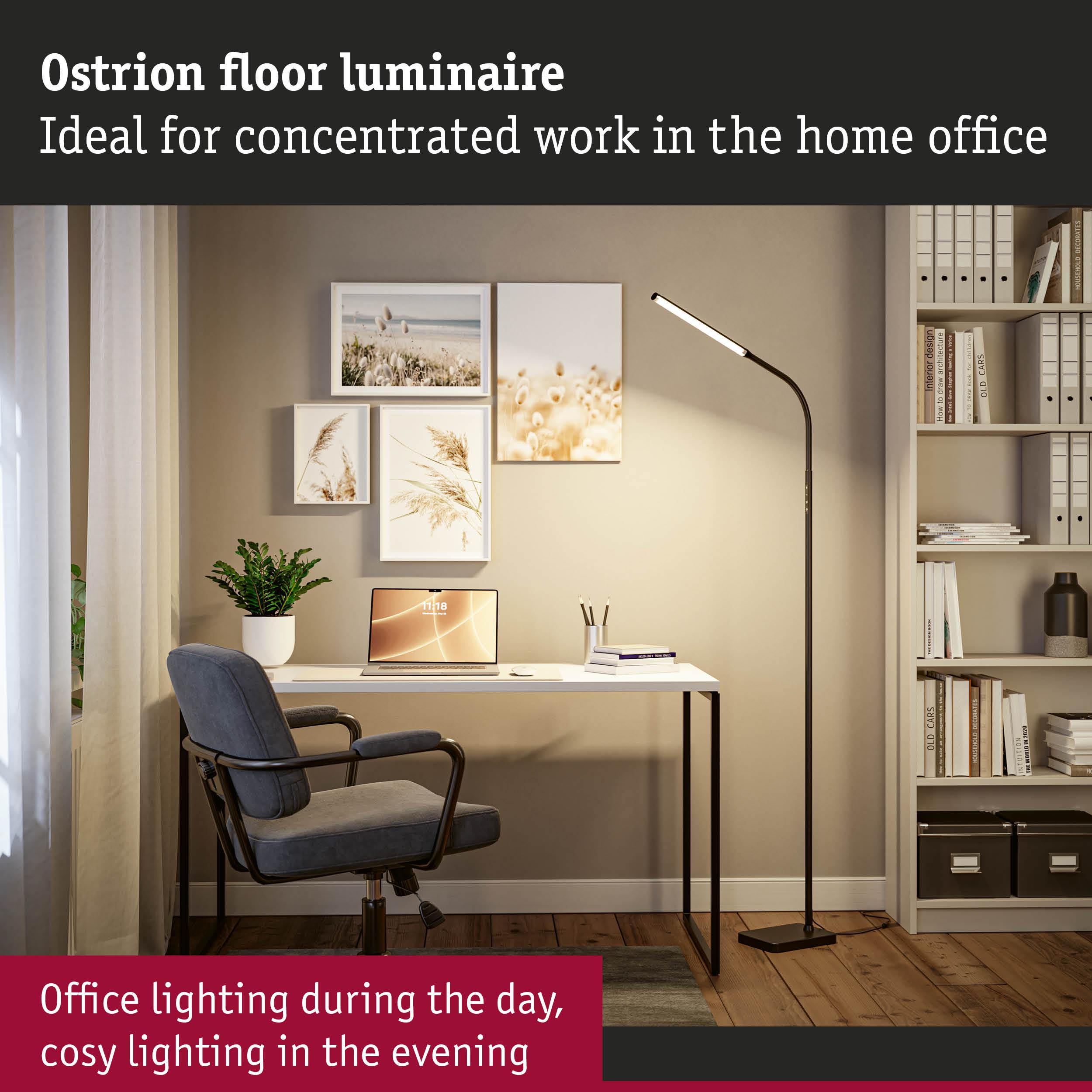 Ostrion black floor lamp with flexible arm ideal for focused home office lighting and work