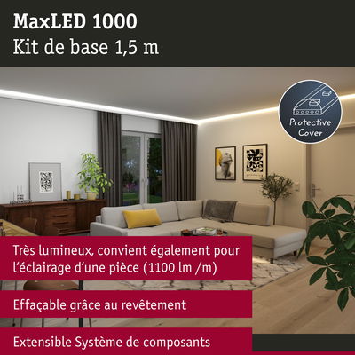 Kit de base MaxLED 1000 1,5 m avec revêtement protecteur dans un salon moderne éclairé par bande LED