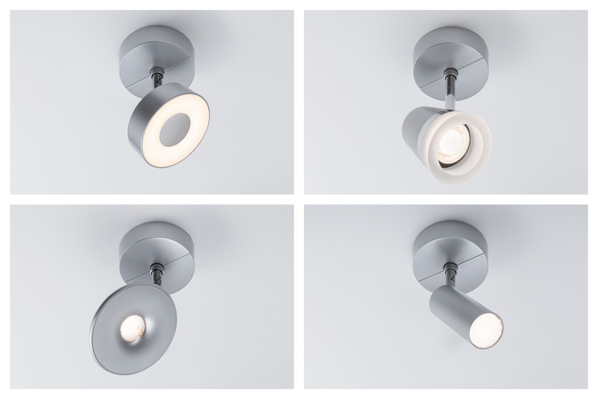 Vier moderne Deckenstrahler aus mattem Aluminium in Silber mit verschiedenen Leuchtendesigns für Wohnräume