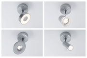 Four modern ceiling spotlights in matte silver aluminium with different LED light designs