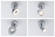 Vier moderne Deckenstrahler aus mattem Aluminium in Silber mit verschiedenen LED-Leuchtendesigns
