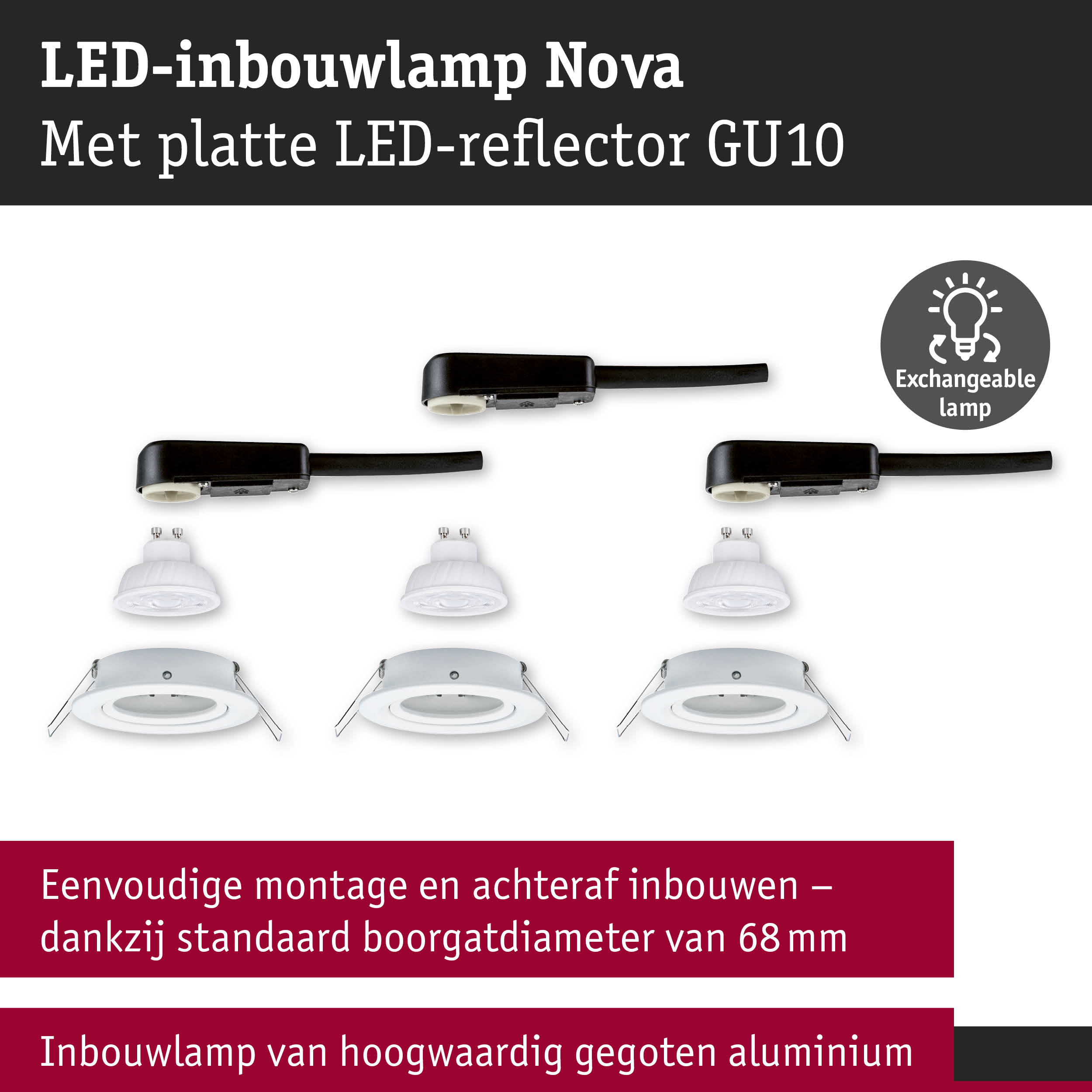 LED-inbouwlamp Nova met platte LED-reflector GU10 in wit en zwarte kabel voor verlichting