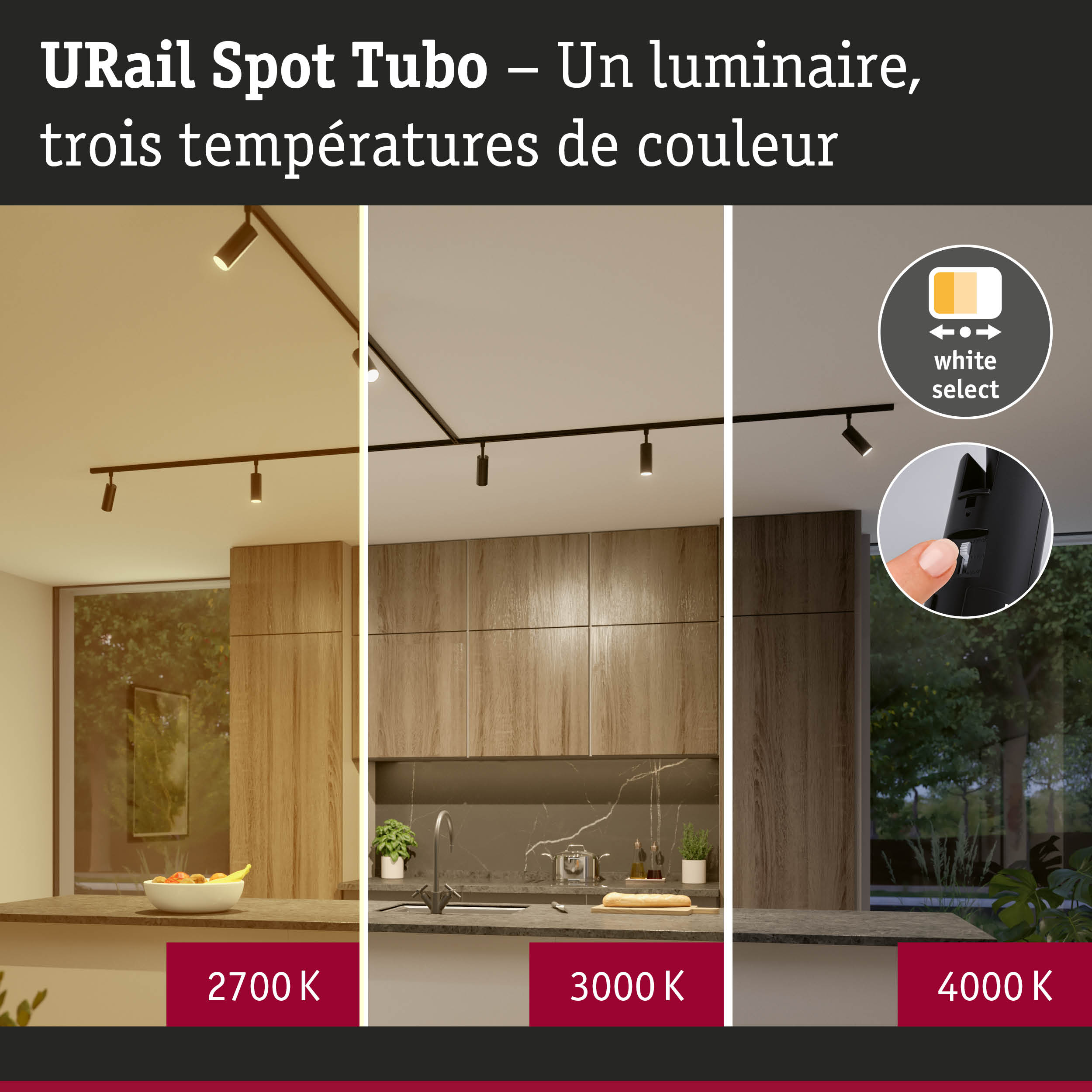 URail Spot Tubo système rail avec trois températures de couleur réglables 2700K, 3000K, 4000K pour éclairage cuisine
