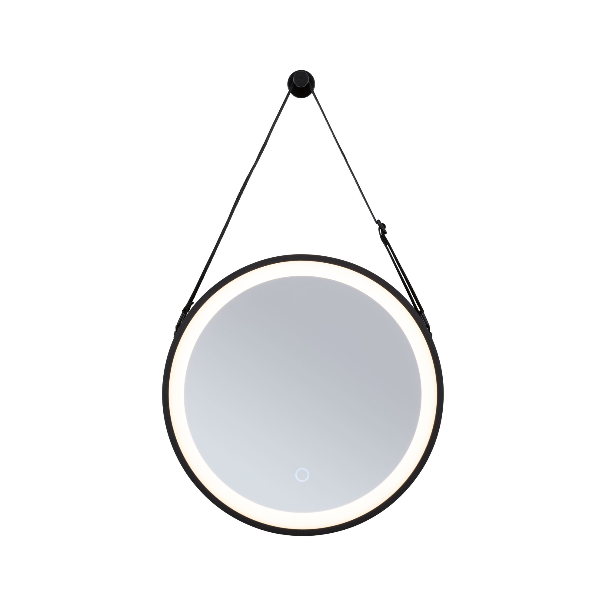 Round LED mirror with black frame and integrated light strip, modern bathroom mirror with touch switch.