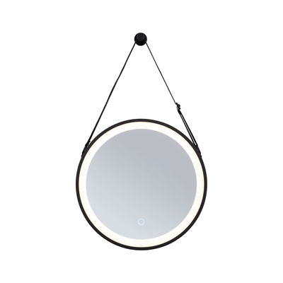 Round LED mirror with black frame and integrated light strip, modern bathroom mirror with touch switch.