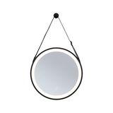 Round LED mirror with black frame and integrated light strip, modern bathroom mirror with touch switch.
