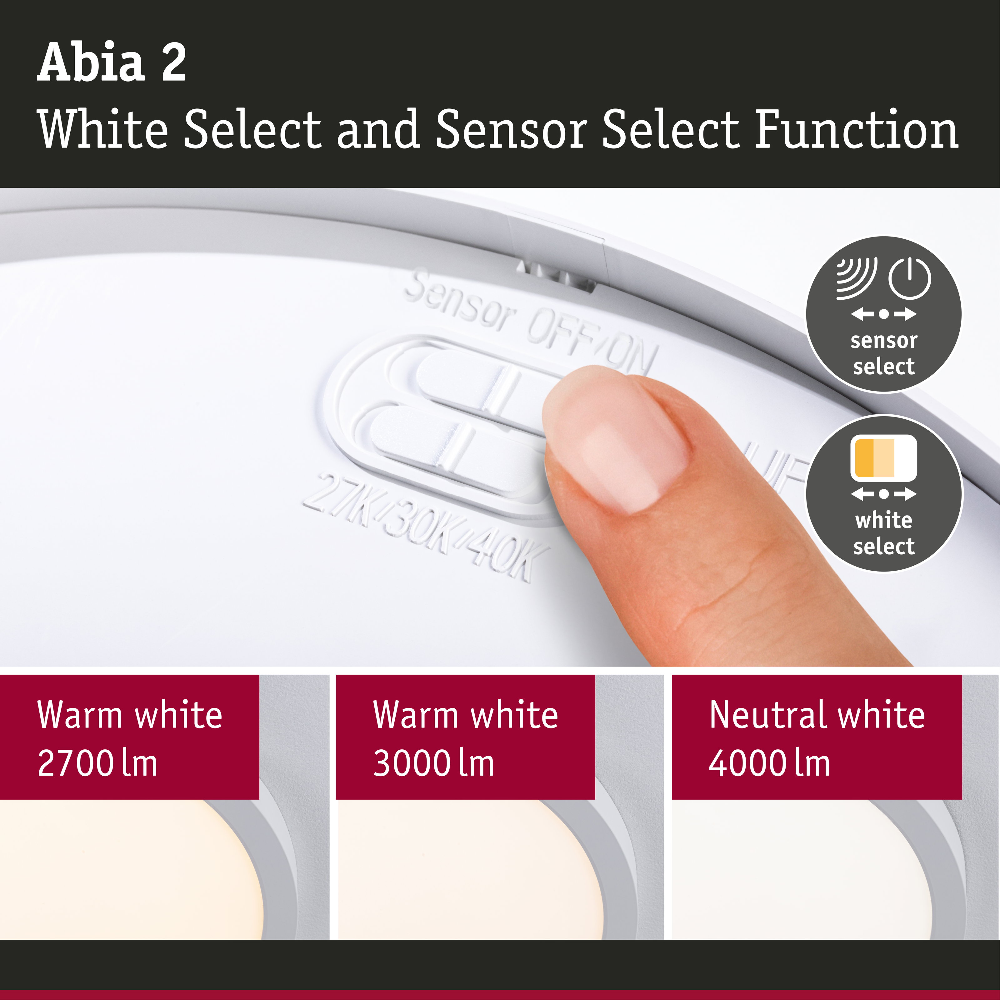 Abia 2 LED ceiling light with white select and sensor function in white for home lighting