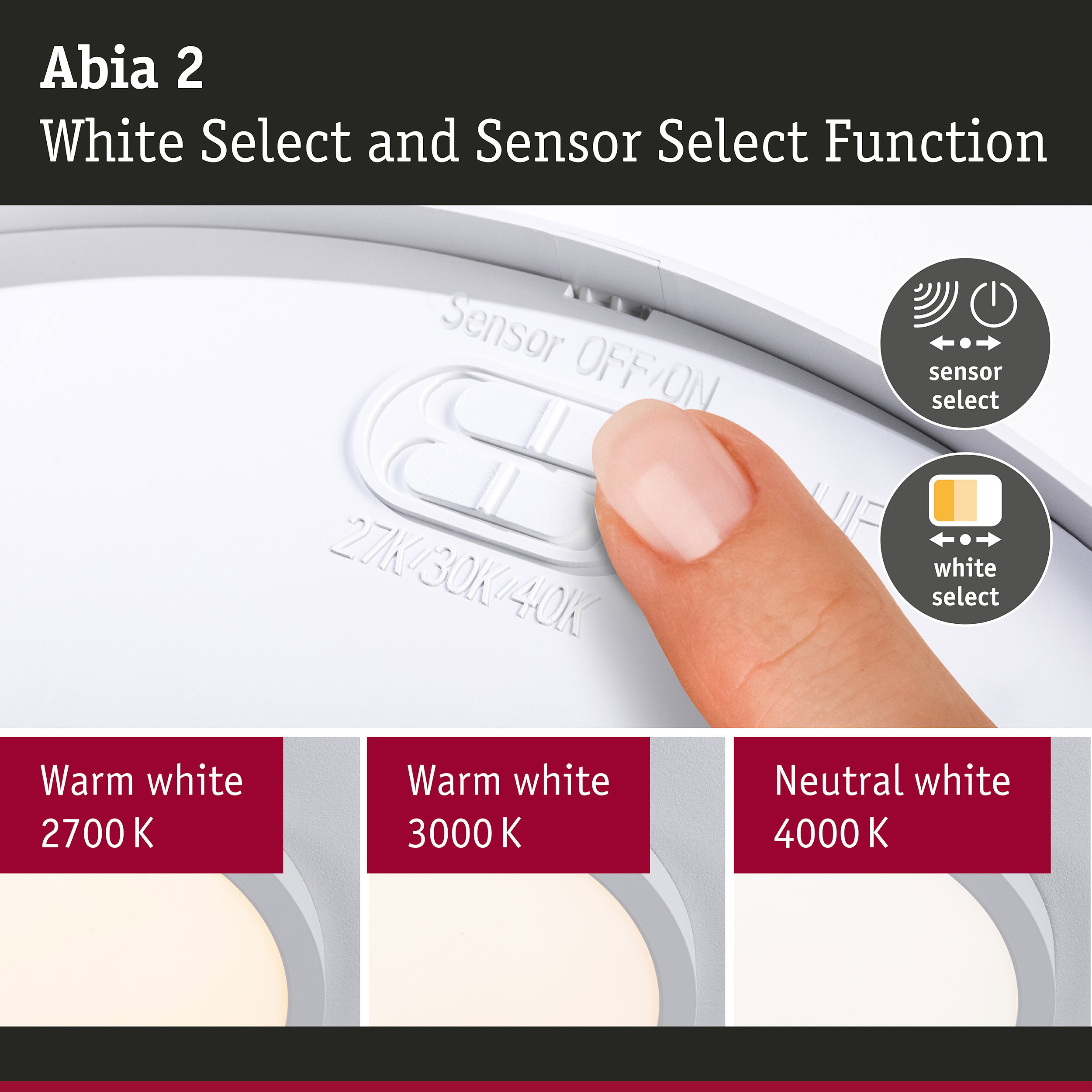 Abia 2 LED ceiling light with white select and sensor function in white for home lighting