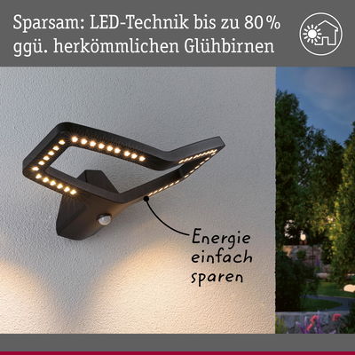 Moderne schwarze LED-Außenwandleuchte mit energiesparender Technik und Bewegungsmelder für Gartenbeleuchtung