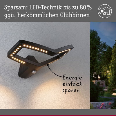 Moderne schwarze LED-Außenwandleuchte mit energiesparender Technik und Bewegungsmelder für Gartenbeleuchtung