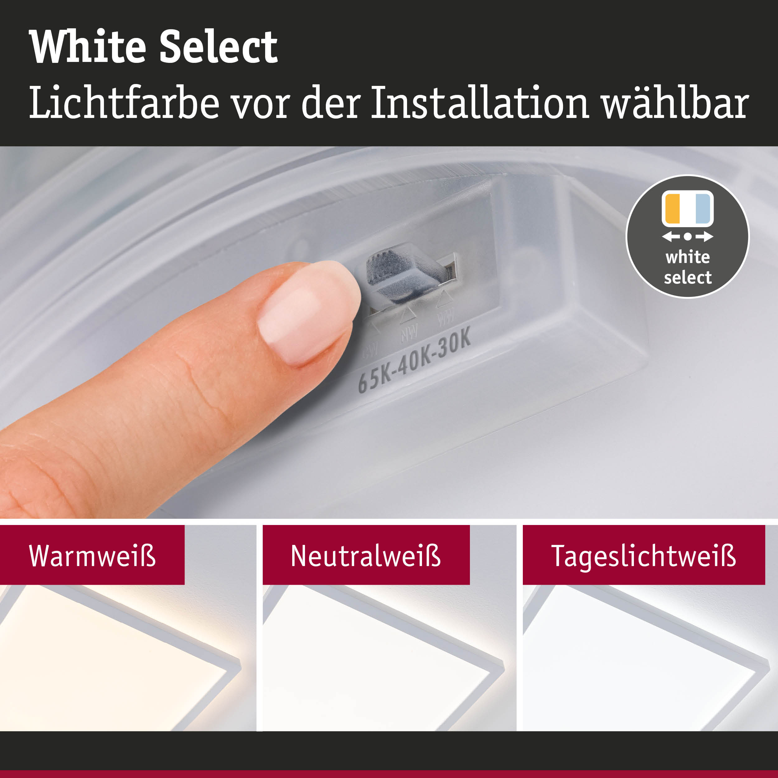 Finger stellt Lichtfarbe an weißem Kunststofflichtschalter ein mit Warmweiß, Neutralweiß, Tageslichtweiß Optionen
