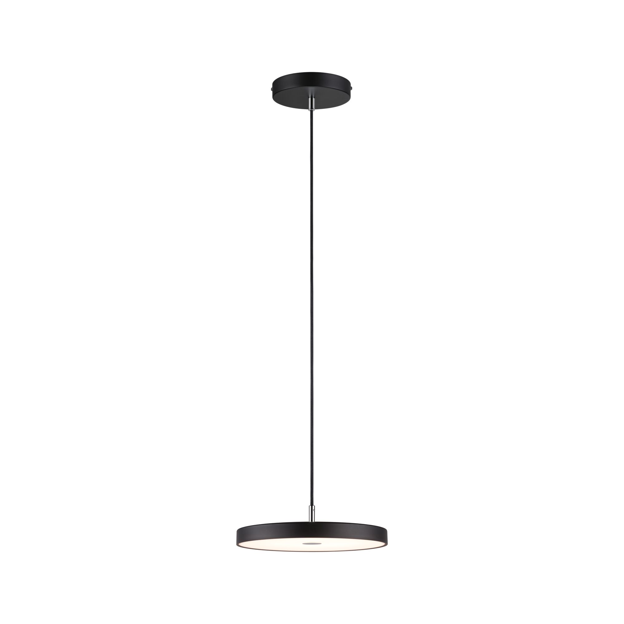Black metal LED pendant light with round flat design for modern interior lighting solutions.