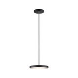 Black metal LED pendant light with round flat design for modern interior lighting solutions.