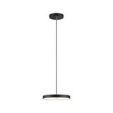 Zwarte metalen LED-hanglamp met rond, plat ontwerp voor moderne binnenverlichting.